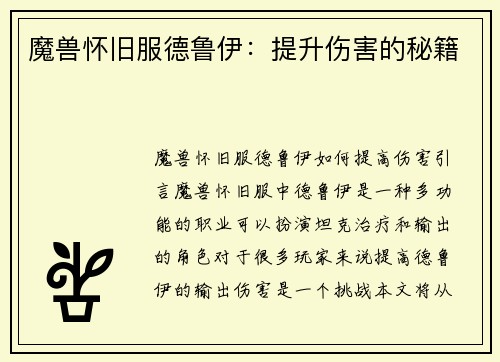 魔兽怀旧服德鲁伊：提升伤害的秘籍